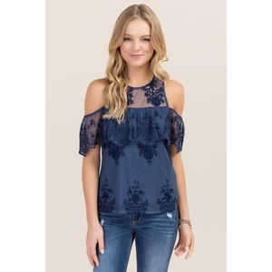 Blue cold shoulder lace top